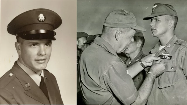 LEFT: Warrant Officer candidate Mark King, U.S. Army. [Photo: Mark King] RIGHT: Brig. Gen. Oden pins the Air Medal on WO1 Mark King, Tan Son Nhut, Airbase, Vietnam, Aug. 24, 1964. [Photo: Mark King]