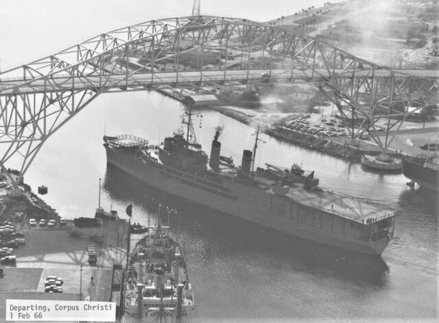 USNS Corpus Christi Bay departing Feb 1966 US Highway 181 bridge