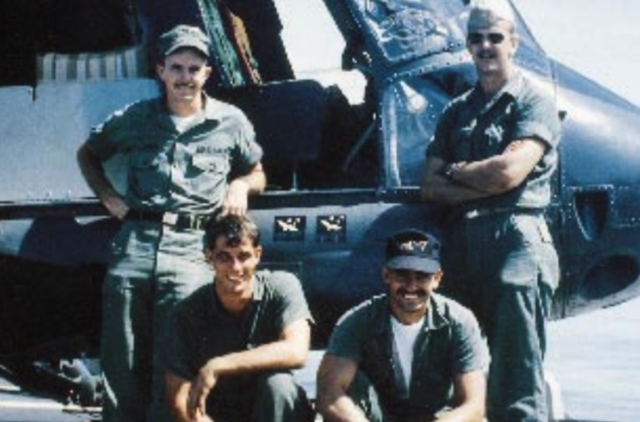 From top left, the crew of the UH-2A Seasprite helicopter that rescued 2 aviators in North Vietnam on June 19, 1968: pilot Clyde Lassen, co-pilot Leroy Cook, and gunners Donald West and Bruce Dallas. (U.S. Navy)