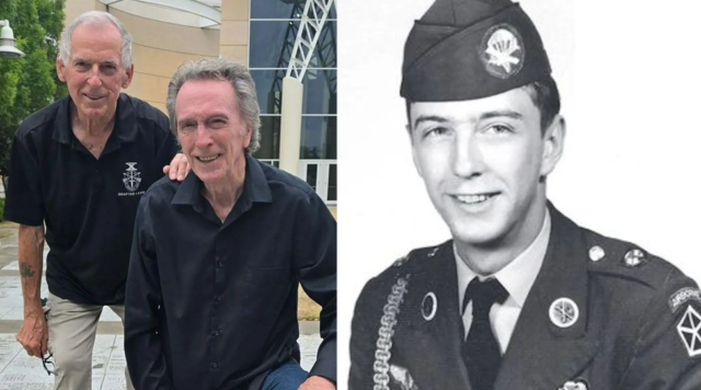 Left: Terry McIntosh, kneeling, with retired Lt. Col. Al Kittredge at Fort Bragg, North Carolina in June 2026. Right: An undated photo of McIntosh during his time in the Army. Photos courtesy of Terry McIntosh.