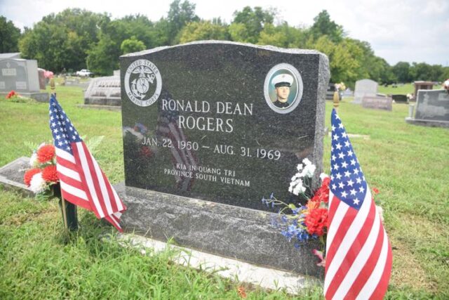 The new headstone honoring Lance Cpl. Rionald Dean Rogers stand at Tower Heights Cemetery in West Frankfort. [Paul Wilcoxen]
