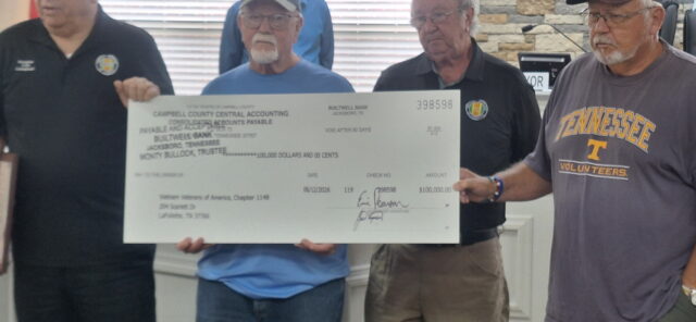 The County Commission presents $100,000 to the local chapter of Vietnam Veterans to go towards a Veterans Park.