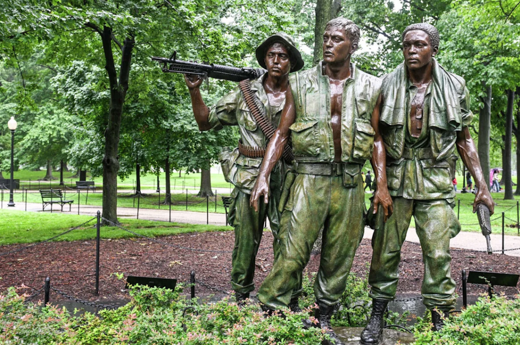 WASHINGTON, DC MAY 28: The Vietnam Veterans Memorial's Three Servicemen Statue by Frederick Hart, an outdoor monument commemorating those who served in the Vietnam War, in Washington, D.C., United States, on May 28, 2025. (Photo by STR/NurPhoto via Getty Images) (NurPhoto/NurPhoto via Getty Images)