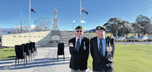 Cromwell RSA Secretary Peter Svensson (left) and Vietnam War Veteran Lewis Pagan stand outside the Cromwell Memorial Events Centre, following the wreath-laying service marking the 60th anniversary of the battle of Long Tan.