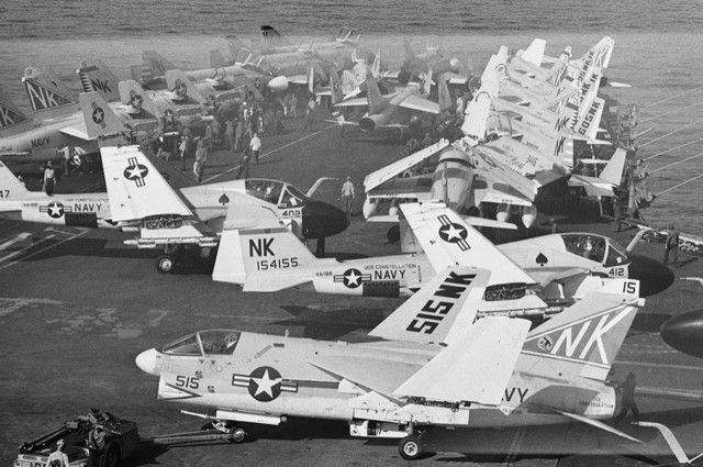Parked fighter planes with their wings folded on the deck of US aircraft carrier USS Constellation while on patrol in the Gulf of Tonkin during the Vietnam War, November 26th 1968.Getty