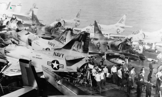 The U.S. Navy aircraft carrier USS Oriskany (CVA-34) on fire, Oct. 26, 1966.