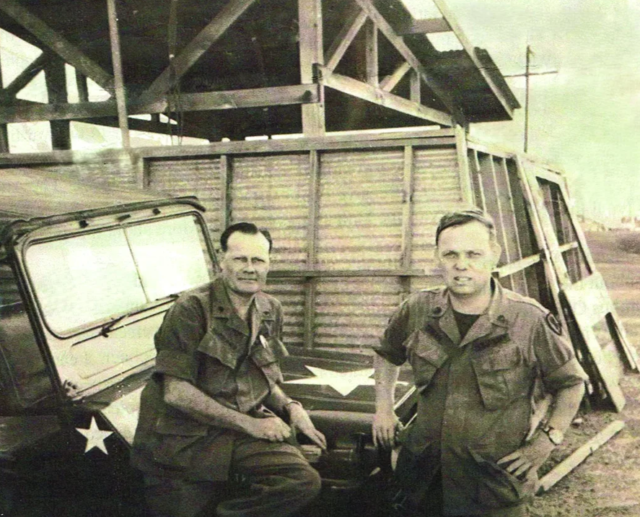 Submitted photo Pictured is Norman Teigen, right, beside his brigade chaplain, Lt. Col. (Chaplain) Reginald Huebner, and the chaplain's beloved Jeep outside their office at Long Binh Base, Vietnam.